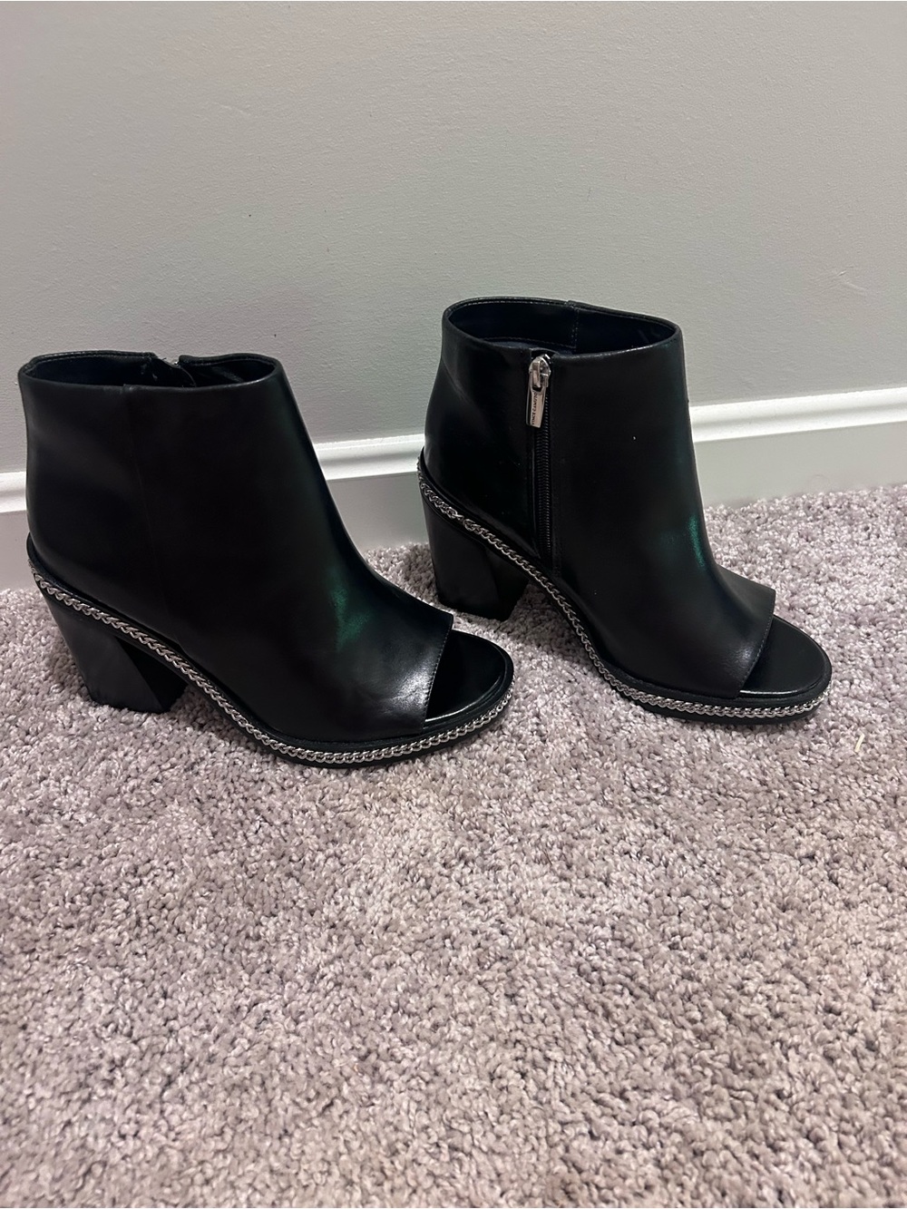 Vince Camuto Black Peep-Toe Ankle Booties with Chain Trim